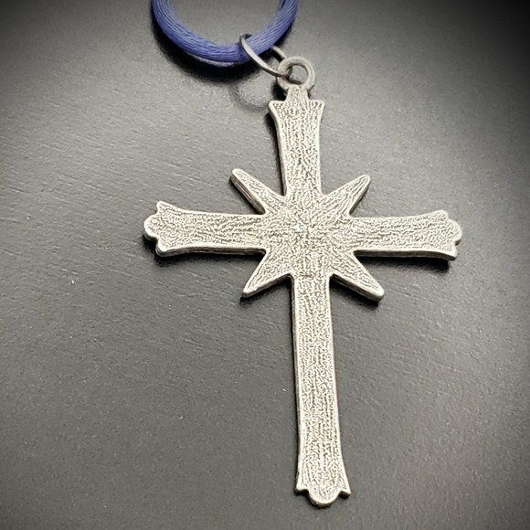 Vintage Silver Cross Crucifix Pendant On Blue Cord 3x2 - Picture 2 of 5